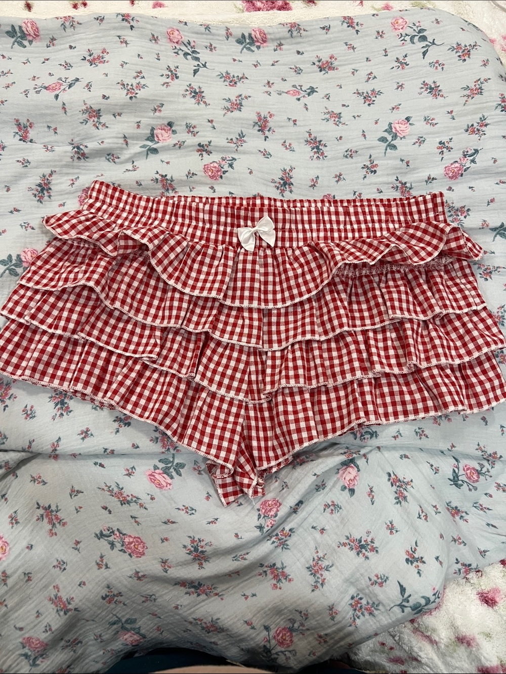 SHEIN Red Gingham Ruffle Pajama Shorts with Bow